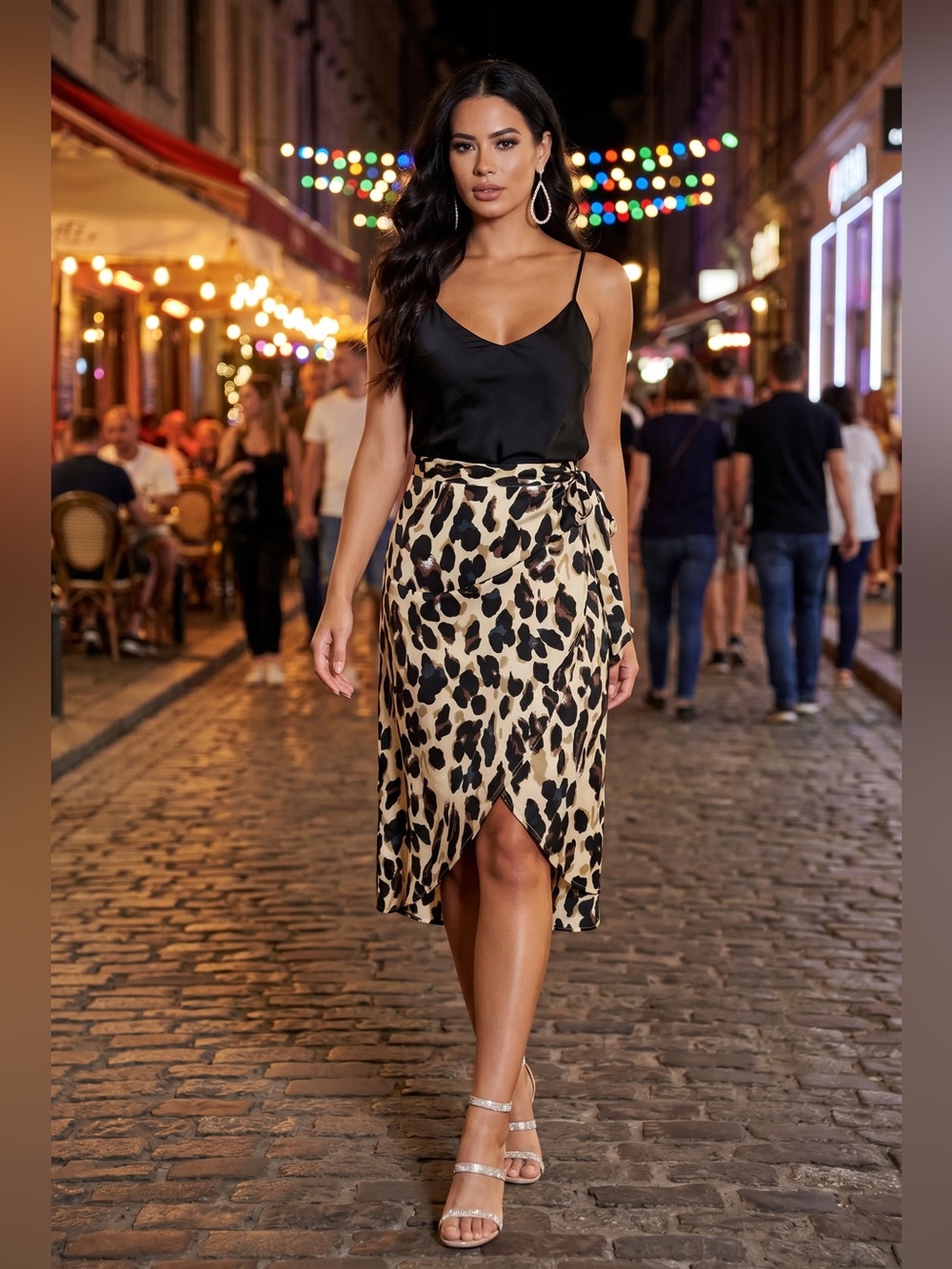 Leopard-Print Asymmetrical Wrap Skirt in Beige and Black